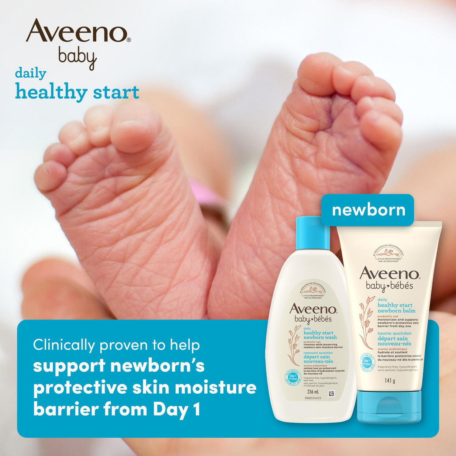 Baume quotidien Départ sain nouveau-nés Aveeno pour bébés, hydratant sans parabènes, avec avoine prébiotique, sans parfum, 141 g