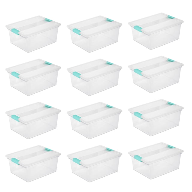 Sterilite Deep Clear Plastic Storage Bin with Clear Lid and Aqua Latch, 12 Pack. This set includes 12 clear plastic storage containers with a capacity of 2.4 cubic feet each, featuring durable latching lids with aqua handles for secure closure. The clear design allows easy visibility of contents, making them ideal for organizing craft supplies, office items, or toys. Indexed lids enable secure stacking to maximize vertical storage space. Each bin measures 14 x 11 x 6.25 inches and is suitable for use in closets, classrooms, garages, or basements.