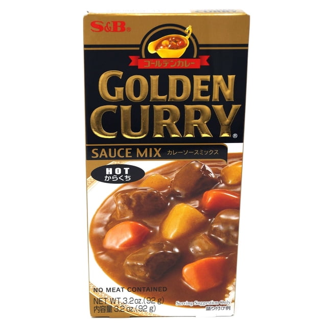 Mélange pour sauce curry Doré S&B Moyen et Piquant dans une Boîte Rectangulaire Présentant curry de Style Japonais avec des Légumes dans une sauce Brune, Étiqueté Sans Viande, Poids net 3,2 oz (92 g), Convient pour Rehausser les Plats de Riz avec une Authentique Saveur curry Japonaise.