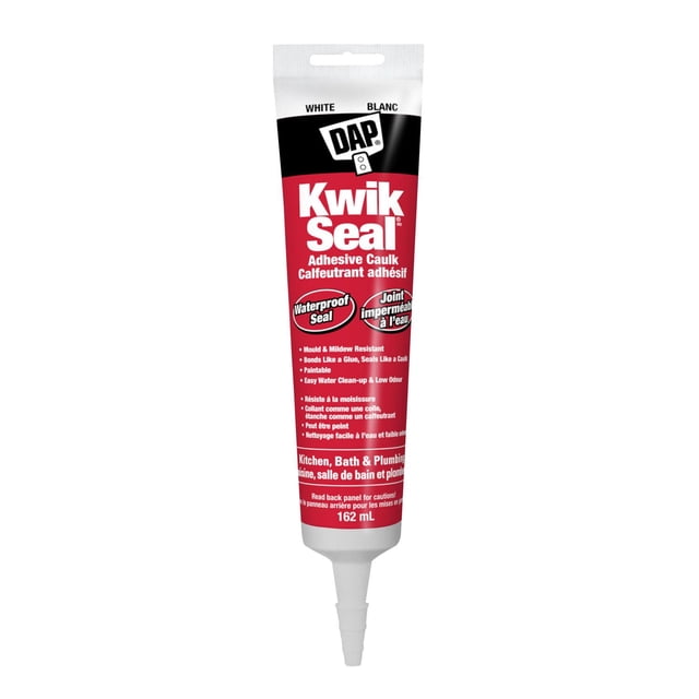 DAP Kwik Seal Tub & Tile Adhesive Caulk 162ml white tube with red and black label, waterproof sealant resistant to mold and mildew, paintable and easy to clean, ideal for sealing kitchen, bath, and plumbing surfaces, also suitable for sealing around sinks and countertops