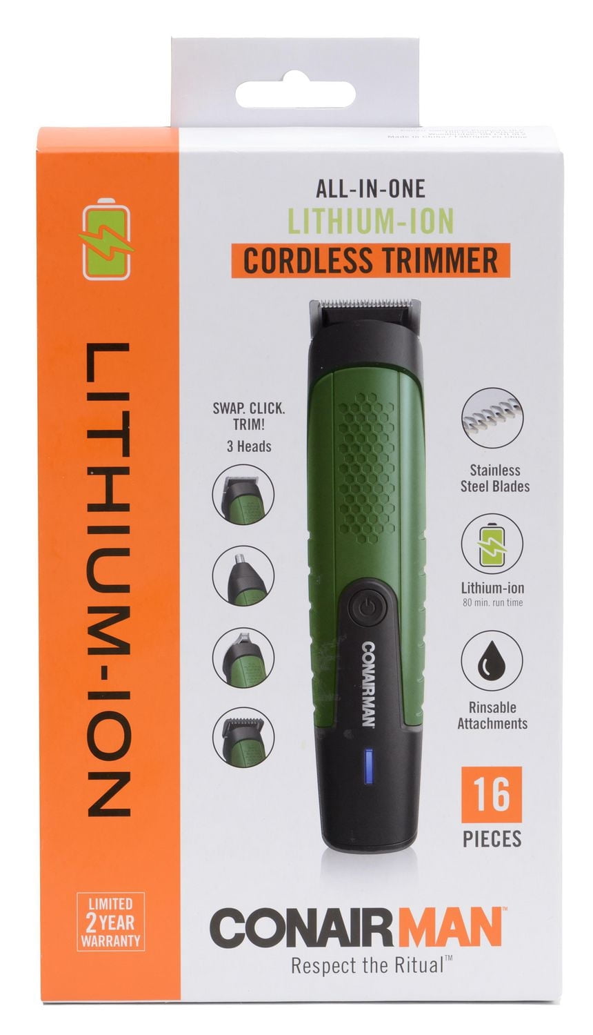 Tondeuse Conair tout‑en‑un pour barbe et moustache, rechargeable, avec lame U en acier inoxydable et 13 guides de coupe