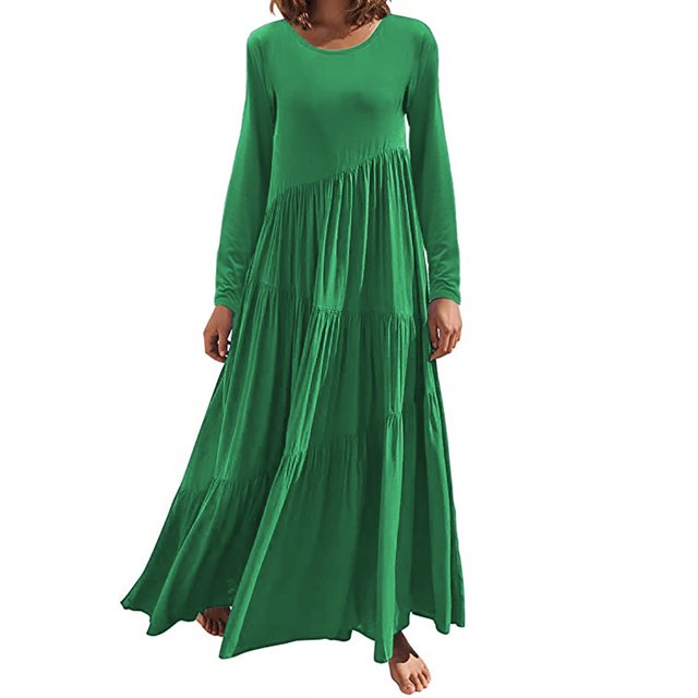 Long Sleeve Dress Women Womens Solid Color Loose Long Sleeve Long Dress Round Neck Asymmetric Layered Beach Long Dress Womens Long Sleeve Dress Cold Shoulder Dress for Women