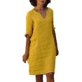 thumbnail image 1 of 2025 et Lin Courte Femme Décontractée Été Manche Vacances Semi Décontractée Mi-Longue Robe Femme Col en V Mini Décontractée Été Plage Robe Couleur Unie Robe Femme, 1 of 7