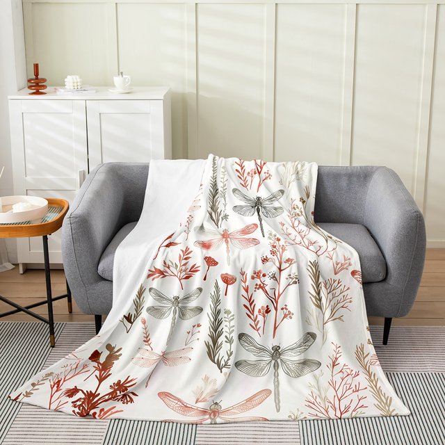 Erosebridal Colorful Dragonfly Throw Blanket for Couch, Flying Insects Plush Blanket, Cartoon Wildlife Decor