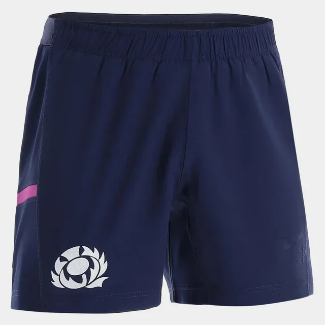 2024/2025 Scotland Rugby Home Jersey Rugby Shorts in navy blue, featuring an elastic waistband and the Scotland Rugby emblem on the lower left leg. Made from breathable polyester with anti-pilling, anti-shrink, and quick-dry properties. Ideal rugby apparel for men, available in sizes S-5XL.