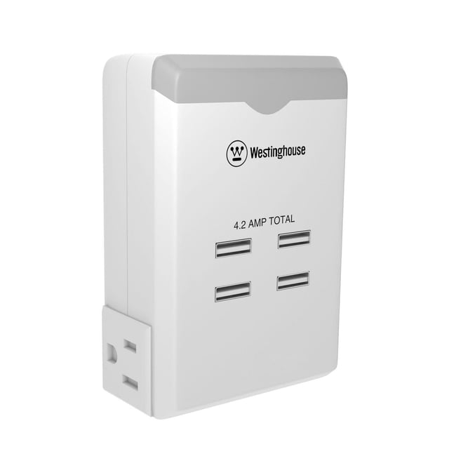Westinghouse Side Entry USB Night Light adapter with white rectangular body and gray top, featuring four USB ports with 4.2 AMP total output, two grounded outlets including side entry, and an integrated LED night light that activates automatically in low light, serving as a versatile indoor power hub.