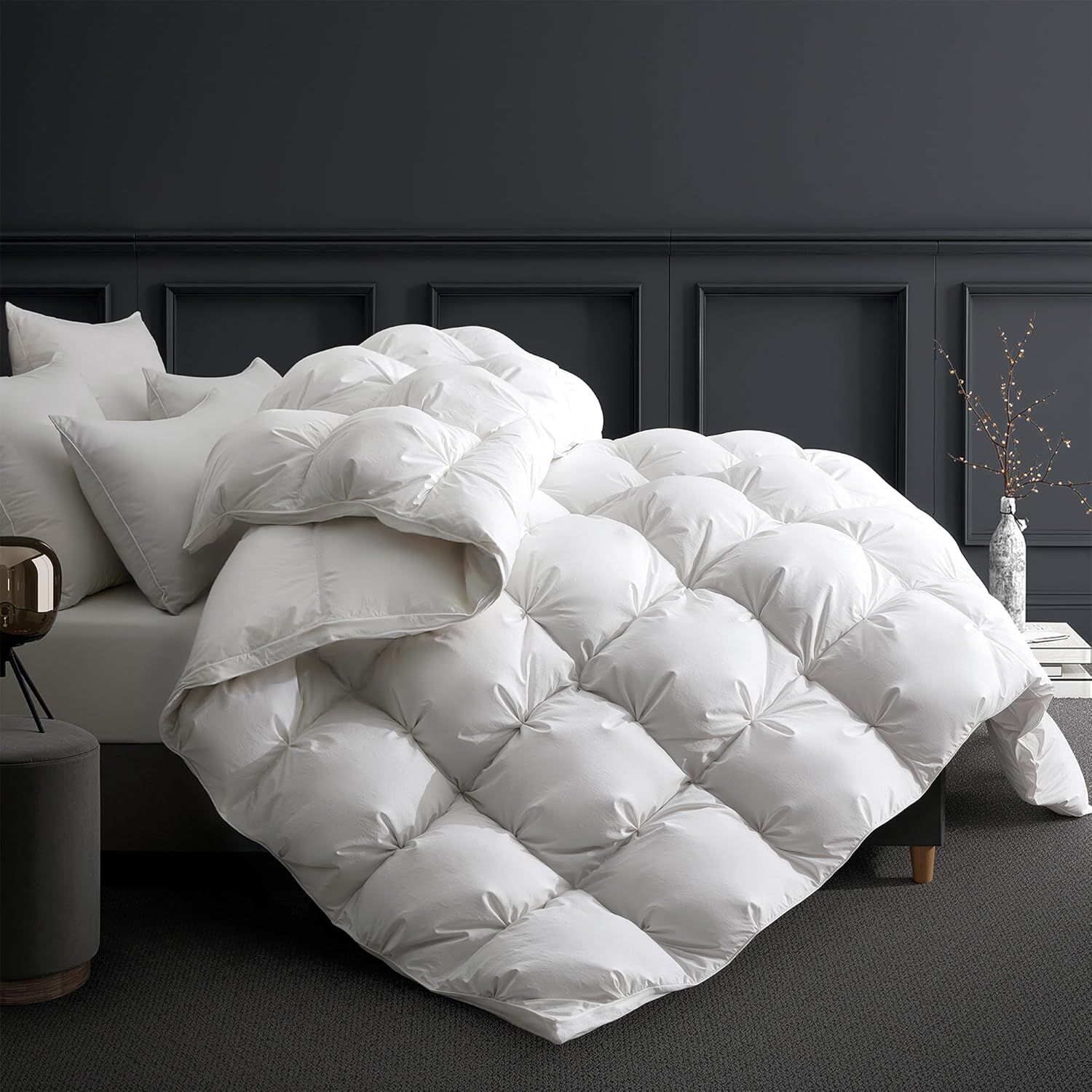 UNIKOME Goose Feather Down Comforter Cal King - Pinch Pleat All Season Duvet Insert with 100% Cotton Cover, Warm Bed Comforter with 20% Extra Fill, 116oz, Cloud-Like Fluffiness (108"X94", White)