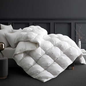 UNIKOME Goose Feather Down Comforter Cal King - Pinch Pleat All Season Duvet Insert with 100% Cotton Cover, Warm Bed Comforter with 20% Extra Fill, 116oz, Cloud-Like Fluffiness (108"X94", White)