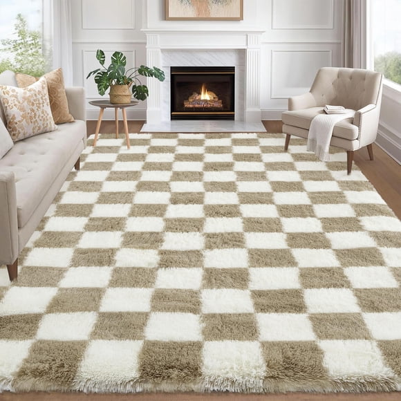 Checkered Area Rug 10x13 Large Rug Thick Ultra Soft Shaggy Carpet Fluffy Plush Shag Washable Rug for Living Room Nursery Bedroom Cozy Playroom Teen Room Decor, Taupe and White