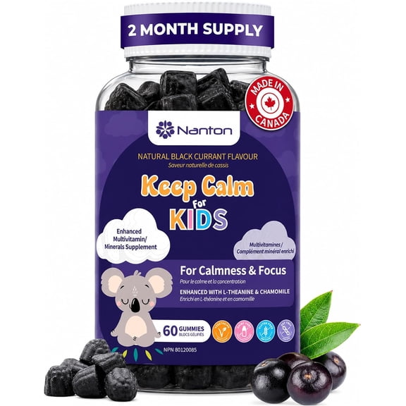 Gommes Calmes pour Enfants de 5 Ans et Plus – Glycinate de Magnésium, L-Théanine, Extrait de Camomille, Vitamines B12 et D – Soutient l'Équilibre et la Concentration – Naturellement Sucrées – Saveur Cassis – 60 Gommes – Rhoziva
