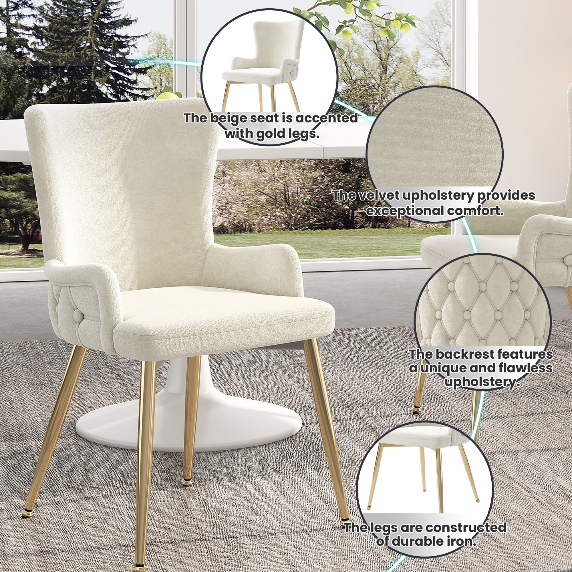Noble House Ensemble de 4, Chaises de Salle à Manger en Velours, Chaise Capitonnée de Luxe Léger avec Quatre Pieds en Métal Doré, Beige