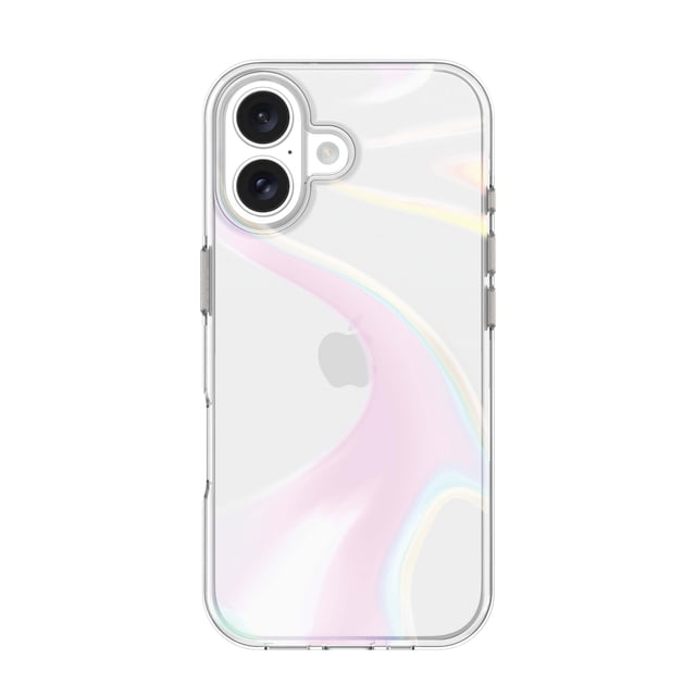 Iridescent Illusion Phone Case for iPhone 17 featuring a clear, slim gel design with pastel iridescent swirls in pink, blue, and yellow. It has metallic button accents, precise cutouts for dual rear cameras, and drop protection up to 10 feet, ideal for stylish, durable phone protection.