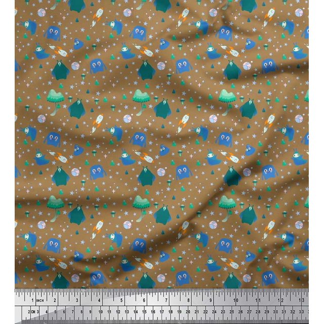 Soimoi Polyester Crepe Fabric Star,Planet & Alien Cartoon Fabric Prints by Yard 42 Inch Wide