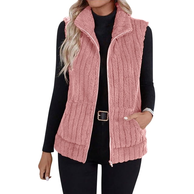 Wensltd Gilet Sans Manches Chaud pour Femmes Léger Couleur Unie Col Rabattu Gilet en Peluche