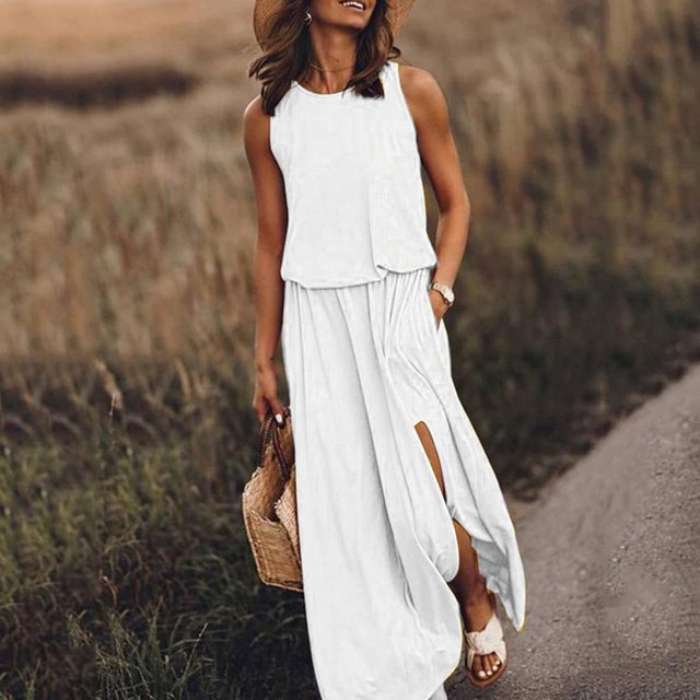 MesaSe Femmes Casual Robe Robe d'Été pour les Femmes Cou Sans Manches Maxi Robes de Fourche de Couleur Unie Ouverture Robe Femmes Vêtements L AG
