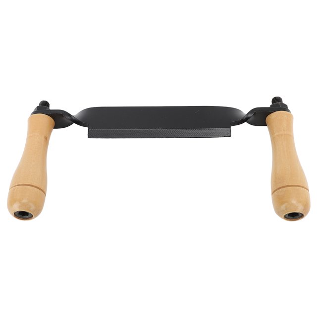 Draw Shave Knife, a woodworking debarking hand tool with a durable iron blade and solid wooden handles. Designed for removing bark, shaping, and smoothing wood surfaces. The tool features a black blade and natural wood handles, ideal for wood carving and crafting projects.