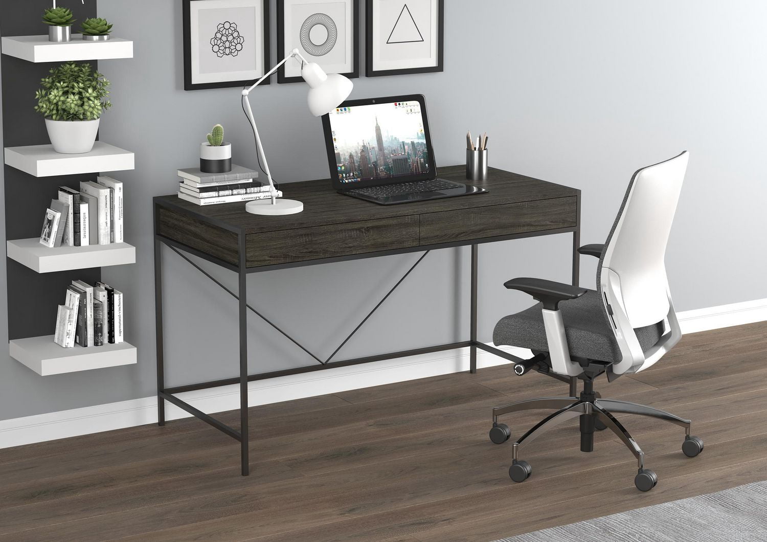 Safdie & Co. Computer Desk-49" Grey Wood 2 Drawers/Black Metal