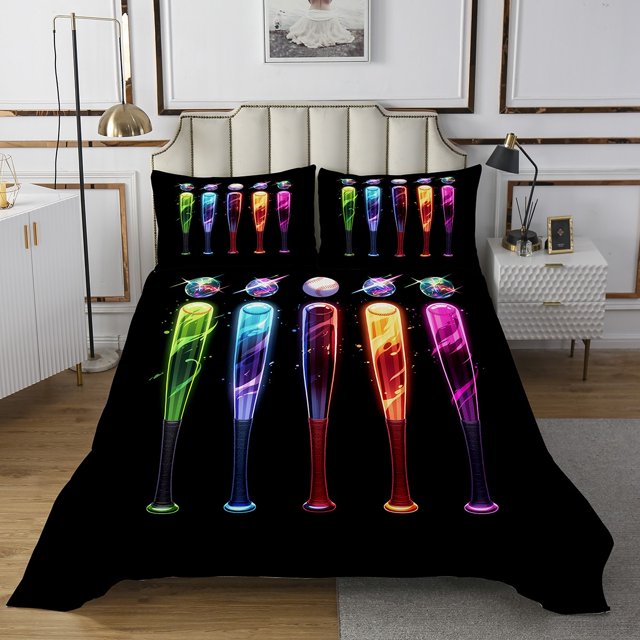 Baseball Bat Bedspread Set European Sports Ball Coverlet Set,Softball Quilt Set Queen,Glitter Neon Design Quilted Competitive Game Room Decor
