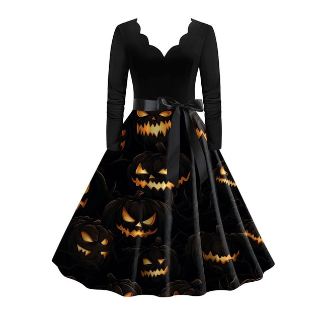 TIMIFIS Robe d'Halloween et d'Action de Grâce pour Femmes, Robe à Manches Longues, Citrouille Ajourée, Robe de Fête Décontractée Automne/hiver
