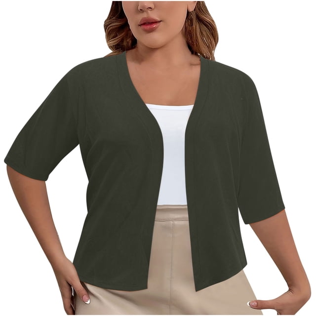 Women's Plus Size Cropped Cardigan Shrugs Short Sleeve Button Down Ribbed Knit Sweater Summer Kimono