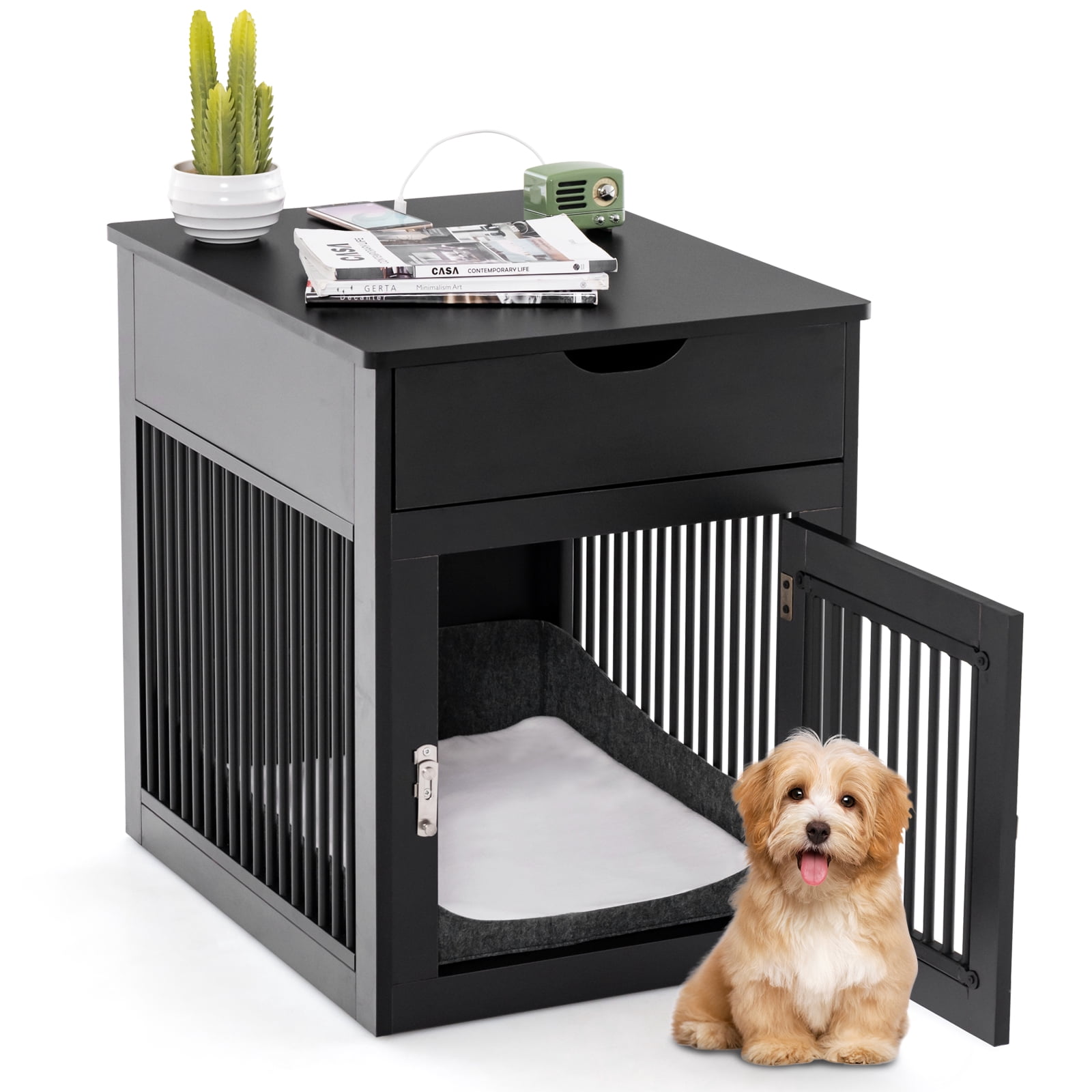 Costway 2-In-1 Furniture Dog Crate with Drawer Wired & Wireless Charging Side End Table Black