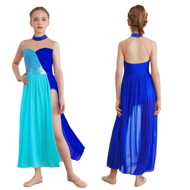 Jizyo Robe de Danse Sans Manches pour Filles à Sequins Color Block Costume de Danse Lyrique Tenues de Ballerine Bleu 12