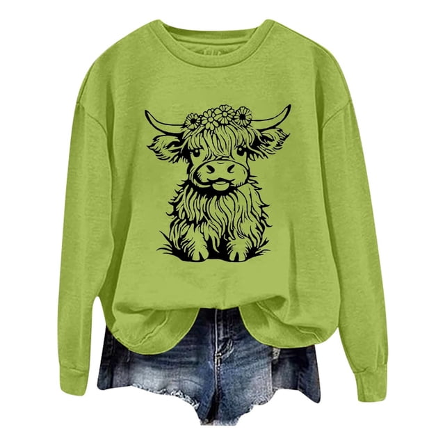 WEAIXIMIUNG Chandail pour Femmes Chic Chandail d'Automne et d'Hiver pour Femmes 2025 Col Rond Mode Chemise à Imprimé Vache Manches Longues Mode Décontractée Mode Haut de Sortie