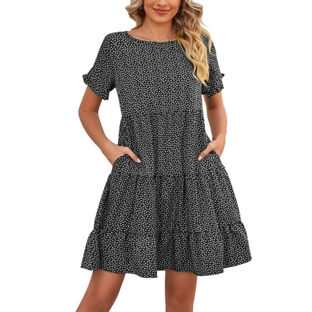 Kcodviy Robe Bohème Évasée Carrée Grande Taille Robes Décontractées Col Manches Courtes Robe Midi d'Été Décontractée pour Femmes Robe à Volants pour l'Été Robe Mi-Longue Légère Midi à Étages pour Femmes