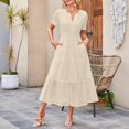 thumbnail image 4 of Ovzne Robes pour Femmes Robe Décontractée Imprimée Plissée Taille Élastique Sans Manches Col en V Robe d'Été Manches Courtes Liquidation, 4 of 5