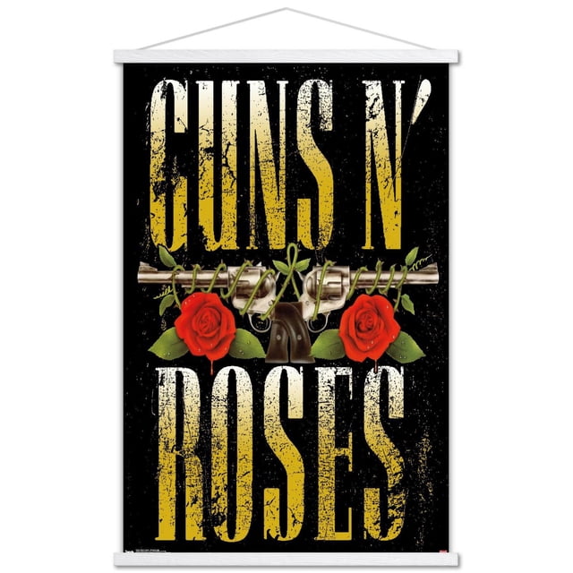 Guns N' Roses - Affiche Murale à Logo Empilé, 22,375 Po x 34 Po avec Texte Jaune Vieilli sur Fond Noir Mettant en Vedette Deux revolvers Argentés Croisés Entrelacés de Vignes Vertes et de Roses Rouges, Imprimée sur Papier Lustré, Convient à un décor Mural Audacieux dans les Chambres, les Bureaux Ou les Résidences Étudiantes.