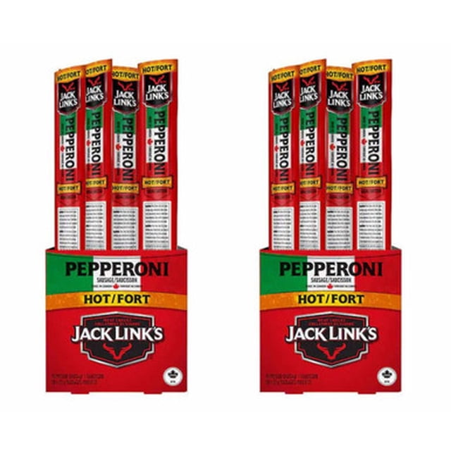 Jack Link’s Hot Pepperoni Sticks, 20 × 22 g - Spicy, shown in two packs of individually wrapped sticks. The bold red and green packaging highlights the Jack Link’s logo and 'Hot/Fort' branding, emphasizing the spicy flavor. Perfect for spice lovers and convenient snacking, categorized under jerky and dried meat snacks.