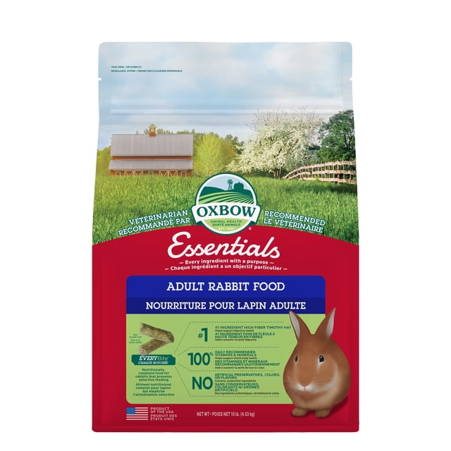 OxBow Essentials Nourriture pour Lapin Adulte, Sac de 10 lb 10 lb de Granules d'Uniforme pour Lapin Adulte à Base d'Oxbow Fait avec du Foin Timothy à Haute Teneur en Fibres, Vitamine C Stabilisée et Prébiotiques pour Soutenir la digestion et la Santé du Corps Entier; Contient des Vitamines et des Minéraux Quotidiens, Sans Agents de Conservation, Colorants Ni Arômes Artificiels, et Est Souvent Utilisé comme Aliment de Base au Quotidien pour les Lapins Adultes.