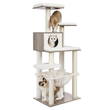 Feandrea WoodyWonders Cat Tree, Modern Pet Tower for Indoor Cats, 54.3-inch Multi-Level Cat Condo, Ultra-Soft Plush, Scratching Posts, Hammock, Removable, Washable Cushions, Heather Greige