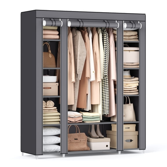 SONGMICS Closet Wardrobe, Portable Closet, Clothes Rail, Clothes Storage Organizer, Gray