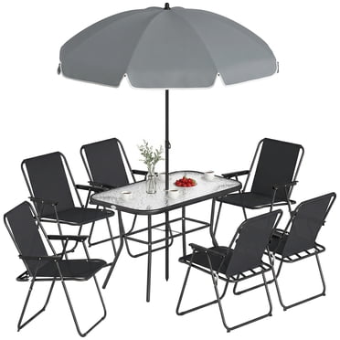 Outsunny 8 Piece Patio Table and Chairs Set with Umbrella for Garden, Black