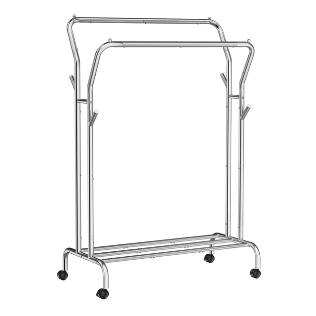 SONGMICS Clothes Rack, Double-Rod Clothing Rack with Wheels, Heavy-Duty Metal Frame, Garment Rack, 220 lb Max. Total Load, 40.7 Inches Wide, Clothes Storage and Display, Silver