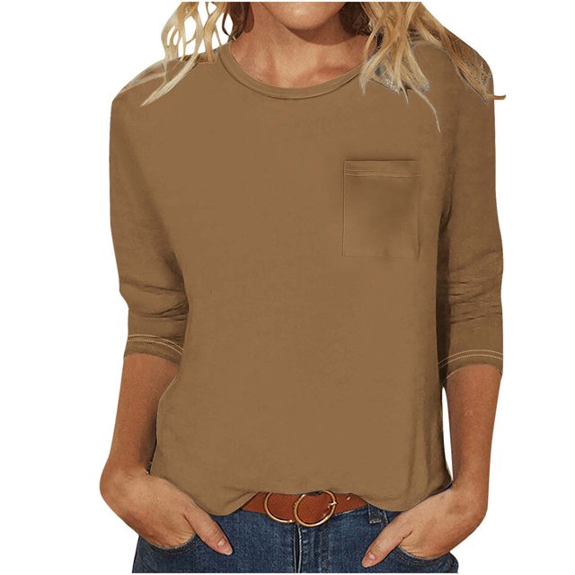 FAIWAD Womens 3/4 Sleeve Tunic Tops Solid Color Round Neck Shirt Soft Lightweight Loose Top with Chest Pockets
