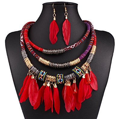 Plume Pendentif Multi Couches Tribal Bib Collier Déclaration Boucle d'Oreille Ensemble de Bijoux