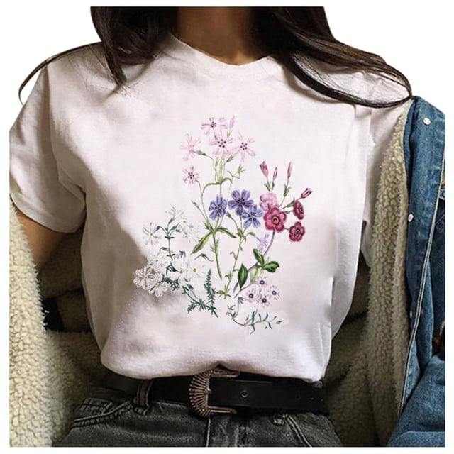 Économies d'Été! Hauts Habillés Floraux pour Femmes, Hauts d'Été pour Femmes 2024 Tendance, Mode Féminine Décontractée Manches Courtes Imprimé Floral Col Rond Chandail Haut Blouse, T-Shirts Basiques Décontractés d'Été pour Femmes