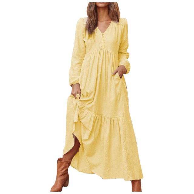 Wyzesi Robe Décontractée pour Femmes Robe Maxi Vintage Décontractée en Coton et Lin à Manches Longues avec Jupe Évasée Options de Couleur Pyjama de Noël Costume