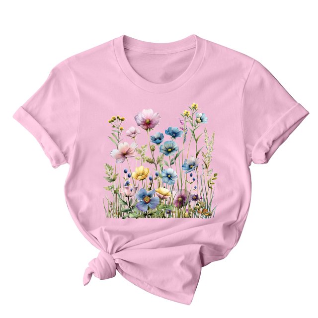 RKSTN Hauts d'Été pour Femmes Décontractés Coupe Ample Polyvalents T-Shirts Graphiques Mode à Imprimé Floral Respirants Manches Courtes Col Rond T-shirt Blouses, Cadeaux de la Fête des Mères