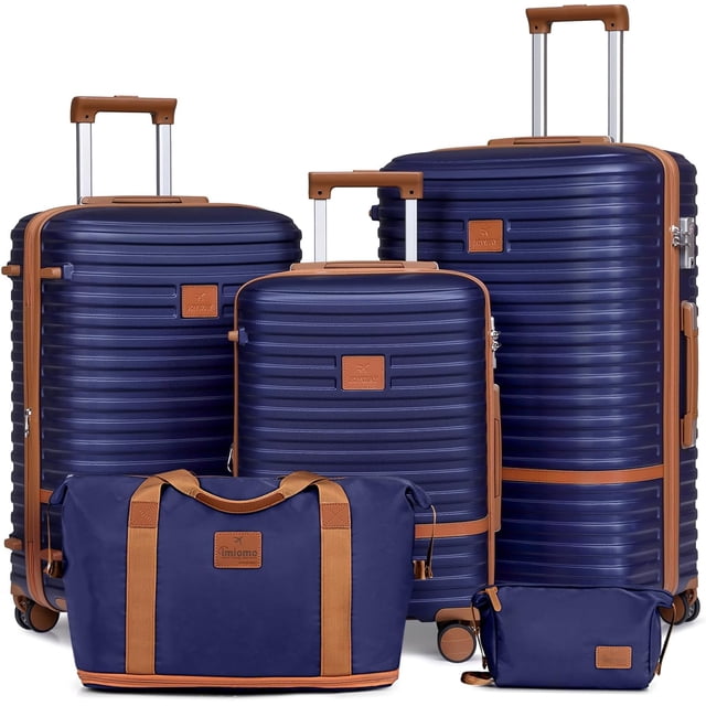 Joyway Ensemble de Bagages 5 Pcs en Bleu Marine et Brun, Comprenant des Valises Rigides à Roulettes Pivotantes en ABS de Tailles 20 Pouces, 24 Pouces et 28 Pouces, Ainsi Qu'un Sac à Main de Voyage et un Sac de Toilette Assortis. Les Valises Ont des Couches Extensibles pour un Rangement Accru, des Verrous TSA pour la Sécurité et des Roues Pivotantes à 360° pour une Mobilité Facile. Comprend des Poignées Télescopiques en Aluminium et des Séparateurs à Fermeture Éclair Intérieure pour un Emballage Organisé.