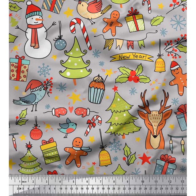 Soimoi Velvet Fabric Gift Box,Snowman & Tree Christmas Printed Fabric 1 Yard 58 Inch Wide