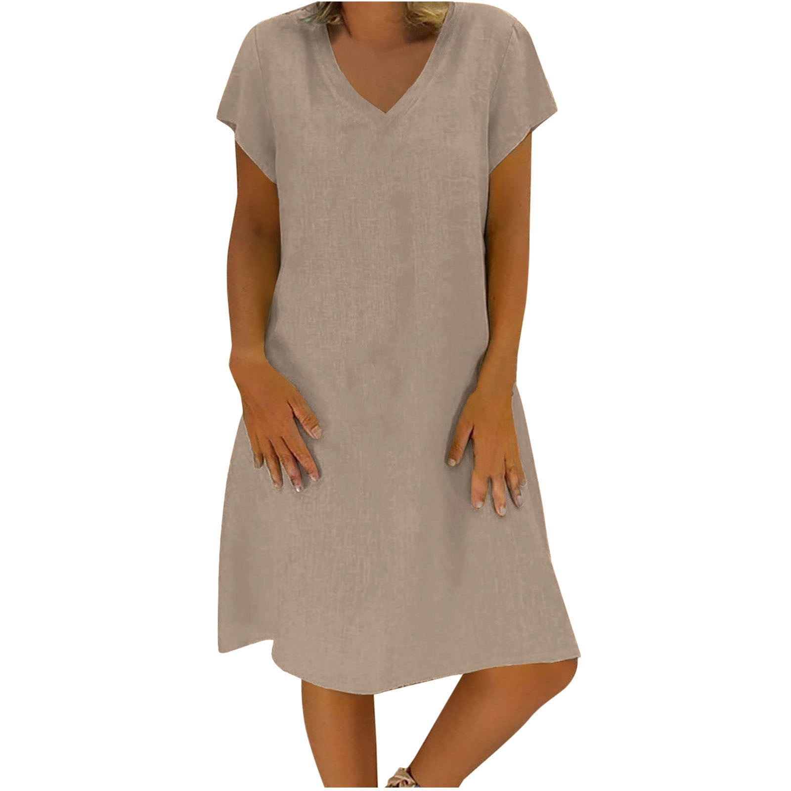 Cameland Robe d'Été Ample pour Femme à Col en V, Unie, à Manches Courtes, en Coton et Lin