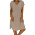 thumbnail image 1 of Tumotour Robe d'Été pour Femmes à Col en V, Longueur Genou, Robe Décontractée, Couleur Unie, Manches Courtes, Coupe Ample, Robe de Vacances, Robe en Lin pour la Plage, Sorties, Fête, Rendez-Vous, 1 of 5