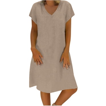 Robe d'Été pour Femmes Aguichant Mode Femmes Ample à Col en V Été Uni à Manches Courtes Robe en Coton et Lin Robe d'Été Ample pour Femmes Robe d'Été pour Femmes avec Manches