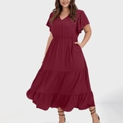 zanvin Womens Plus Size Summer Dresses Party Boho Maxi Long Dress Wrap V Neck Short Sleeve Ruffle Hem Dress for Wedding Guest Elegant Wear