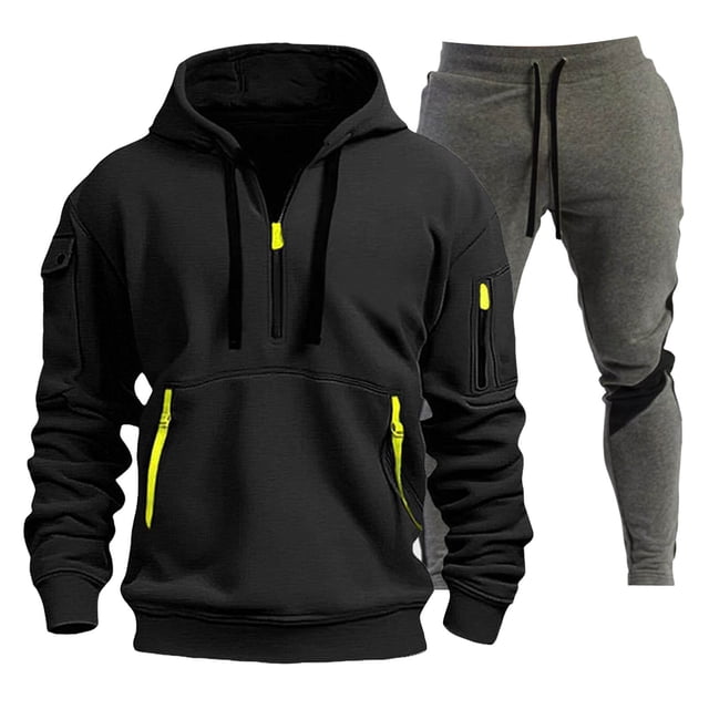 Ketyyh-chn99 Men's Fleece Cargo Jacket Tracksuit Set 2 Pieces Men's Sports Two Piece Solid Color Multipocket Half Zipper Hooded Sweater Color Matching Waist Casual Pants Size for XL,Black
