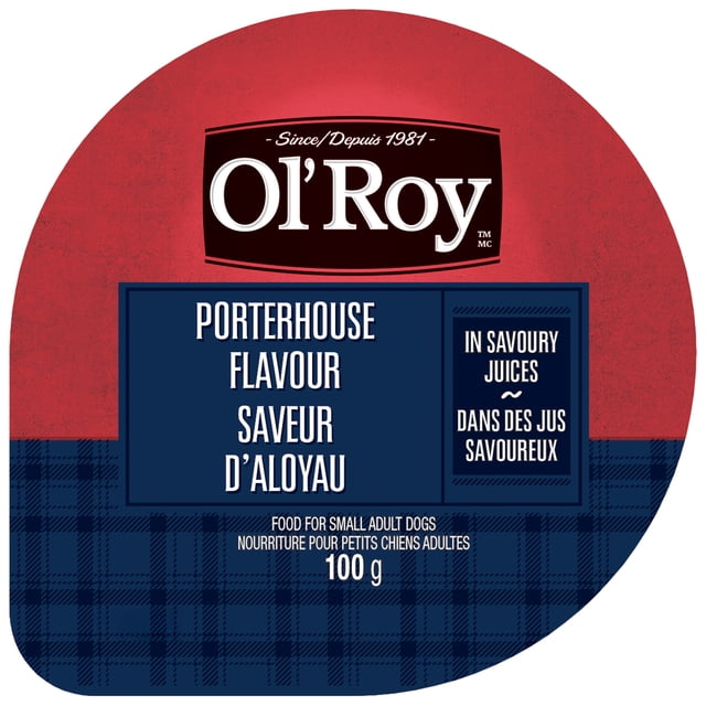 Ol' Roy Porterhouse Flavour Loaf in Savoury Juices Wet Dog Food for Small Adult Dogs, 100 g cup with red upper half and blue plaid lower half packaging, featuring bilingual English and French text highlighting porterhouse flavour and savoury juices for small adult dogs.