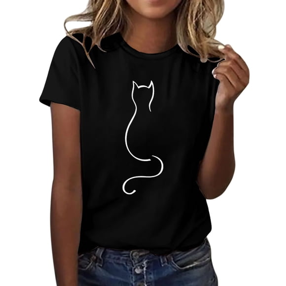 Women's Short Sleeve T-Shirt Clearance Sales Women's Chiffon T-Shirt Women' Cat Print Shirt Short Sleeve Round Neck T Shirt Fashion Top Lightweight Soft Casual Summer Clothing Clothes